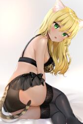 animal_ears ass black_bow black_bra black_legwear black_panties blonde_hair blush bow bra breasts cat_ears cat_tail commentary_request feline female female from_side green_eyes highres katsushika_pachi lace lace-trimmed_bra lace-trimmed_panties lace_trim lingerie long_hair looking_at_viewer medium_breasts mole mole_on_ass open_mouth original panties print_bra sitting solo tail thighhighs underwear underwear_only