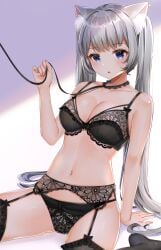 :o animal_ear_fluff animal_ears bare_shoulders black_bra black_legwear black_panties blue_eyes bra breasts cat_ears cat_girl cleavage eyebrows_visible_through_hair female female frilled_bra frills garter_belt grey_hair highres katsushika_pachi lace lace-trimmed_bra lace-trimmed_panties lace_trim lingerie long_hair medium_breasts navel original panties sidelocks solo stomach thighhighs twintails underwear underwear_only very_long_hair