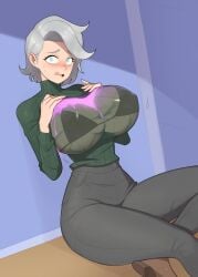 1girls barleyshake big_breasts breast_expansion breasts commission female female_only grey_hair human human_only lean lean_(beverage) small_waist solo solo_female solo_focus syke_(capdjinn)