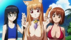 3girls animal_ears animal_tail big_breasts blonde_hair breasts cat_planet_cuties clothed clothing eris_(cat_planet_cuties) female female_only futaba_aoi_(asobi_ni_iku_yo!) holding_bikini_top holding_tail human humanoid kemonomimi kinjou_manami light-skinned_female light_skin long_hair monster_girl mostly_nude multiple_girls nipples nude object_between_breasts screenshot standing