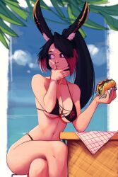 bikini black_hair breasts burger earrings eating female kirih kirih_(sword_scream) kirih_shiraishi raichiyo33 red_hair solo solo_female two_tone_hair wiping_mouth