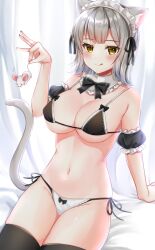 :q animal animal_ears arm_garter arm_support black_bra black_legwear bra breasts cat_ears cat_tail cleavage commentary_request detached_collar female female_only grey_hair holding holding_animal katsushika_pachi large_breasts looking_at_viewer mouse navel original panties revealing_clothes short_hair side-tie_panties sitting skimpy_clothes solo stockings tail thighhighs tongue tongue_out underwear white_panties yellow_eyes