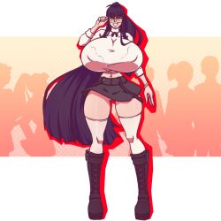 1girls 2022 alternate_color big_breasts black_hair boots breasts breasts_bigger_than_head color female female_only glasses huge_breasts hyper_breasts long_hair n647 nipple_bulge persona persona_5 sakura_futaba school_uniform smile solo thighhighs thin_waist voluptuous wide_hips yellow_eyes