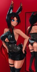 1girls ass black_hair blue_eyes bunny_ears bunny_girl choker earrings ehrrr half-scoop_gloves kirih kirih_(sword_scream) kirih_shiraishi latex latex_dress latex_gloves latex_thighhighs mirror red_hair sheer tail tail_lift thighhighs three_tone_fur two_tone_hair