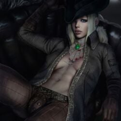 1futa ball_bulge balls balls_under_clothes big_breasts big_bulge bimbo blonde_hair bloodborne blue_eyes breasts bulge cleavage clothing dickgirl earring erect_nipples flaccid fromsoftware full_lips futa_only futanari hat intersex lady_maria_of_the_astral_clocktower lips long_hair looking_at_viewer medium_breasts nipple_bulge open_clothes open_shirt pale-skinned_futanari pale_skin penis penis_bulge penis_under_clothes perky_breasts platinum_blonde_hair plump_lips pose realistic shikari solo tattoo