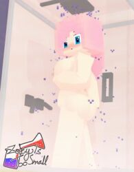 3d adult blue_eyes blush breasts detailed_background female female_only horny_female human humanoid looking_at_viewer looking_back mine-imator minecraft nude pink_hair shower showering tagme watermark zoey_(zoeyistoosmall) zoey_is_too_small