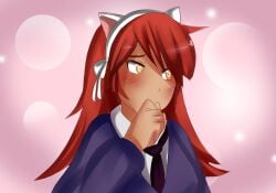 1futa amber_eyes animal_ears cat_ears clothed clothing dark-skinned_futanari dark_skin embarrassed fake_animal_ears finger_on_lip futa_only futanari game_cg human looking_aside orange_hair plum_tea saintxtail school_uniform schoolgirl solo suzu_(plum_tea)