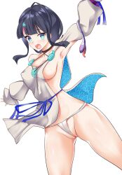 ahoge arm_up armpits bangs bare_shoulders black_hair blue_eyes blue_ribbon blush breasts cleavage collarbone dress fate/grand_order fate/requiem fate_(series) female fundoshi japanese_clothes jewelry large_breasts long_sleeves looking_at_viewer magatama magatama_hair_ornament medium_hair multicolored_hair necklace open_mouth pelvic_curtain photoshop_(medium) pink_hair puffy_long_sleeves puffy_sleeves ribbon seigaiha shima-shuu short_dress sideboob sideless_outfit sidelocks simple_background solo streaked_hair thighs utsumi_erice wedgie white_background white_dress