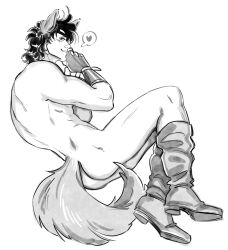 1boy animal_ears animal_tail ass battle_tendency blush boots deli_kinkyham fingerless_gloves inviting_to_sex jojo's_bizarre_adventure joseph_joestar looking_at_viewer male male_only monochrome muscular_male solo