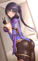 1girls 1nilla' alternate_version_available ass ass_focus big_ass blush breasts dat_ass female female_only genshin_impact gloves green_eyes half-closed_eyes huge_ass leggings legwear leotard looking_at_viewer medium_breasts mirror mona_(genshin_impact) mona_ass peace_sign purple_hair sideboob smile solo solo_female thick_thighs thighs twintails