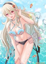 1girls adjusting_hair bangs clownfish corrin_(fire_emblem) corrin_(fire_emblem)_(female) corrin_(summer)_(fire_emblem)_(female) female female_only fire_emblem fire_emblem_cipher fire_emblem_fates long_hair looking_at_viewer navel nintendo ocean official_alternate_costume open_mouth outdoors red_eyes shell shell_bikini smile snow20200 starfish very_long_hair water white_hair