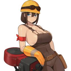 1girls blue_eyes brown_hair donburikazoku engineer_(team_fortress_2) female female_only femengineer gloves goggles helmet looking_sideways no_bra sentry_(team_fortress_2) tagme team_fortress_2 yellow_helmet