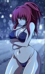 anime_style arms_crossed arms_crossed_under_breasts big_breasts bikini blue_eyes breasts color colored high_school_dxd hips huge_breasts large_breasts nipples_visible_through_clothing oldhorrorz red_hair rias_gremory self_hug snowing