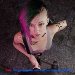 1boy 1girls 3d cyberpunk_2077 dialogue english_text hispanic judy_alvarez lesbian ponkosfm pov sfm small_penis small_penis_humiliation