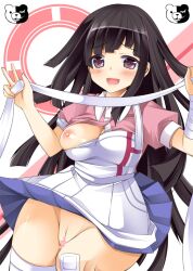 blushing breasts danganronpa danganronpa_2:_goodbye_despair exposed_breasts large_breasts no_bra no_panties open_clothes pussy sakura_hanatsumi straight_hair super_danganronpa_2 tsumiki_mikan upskirt