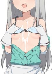 1boy apron aqua_dress aqua_shirt blend_s blouse blurry bra bra_lift breasts collarbone cum cum_on_body cum_on_breasts cum_on_chest cum_on_upper_body dress femboy genderswap_(mtf) gloves grey_hair head_out_of_frame highres kanzaki_hideri lifted_by_self long_hair morisobo nipples open_clothes open_dress open_mouth open_shirt rule_63 shirt silver_hair simple_background single_stripe skirt small_breasts solo trap underwear upper_body very_long_hair white_background white_gloves white_skirt yaoi