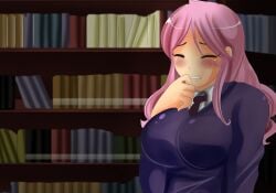 1futa big_breasts breasts clothed clothing finger_on_chin fully_clothed fumiko_fujimoto_(plum_tea) futa_only futanari game_cg hand_on_face huge_breasts human large_breasts library light-skinned_futanari light_skin orgasm orgasm_face pink_hair plum_tea saintxtail school_uniform schoolgirl solo standing