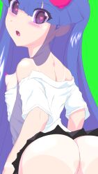 07th_expansion ass cute_fang female furude_rika green_background heart-shaped_pupils higurashi_no_naku_koro_ni kichi_kawayata looking_back open_mouth purple_eyes skirt small_breasts solo tanline tanlines