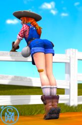 1girls ass ass_focus bandage boots cowgirl cute_cultivator_persephone farmgirl female female_only greek_mythology green_eyes jean_shorts long_legs middlemansfm orange_hair overalls persephone persephone_(smite) shorts smite