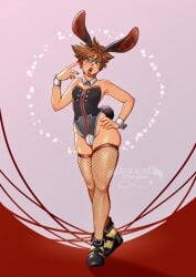 1boy blue_eyes brown_hair bulge bunny_ears bunny_tail bunnysuit femboy fishnet_stockings fishnets hand_on_hip kingdom_hearts lipstick male male_only overexciteddragon sora