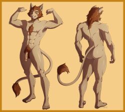 1:1 anthro ass canid canine canis digital_drawing_(artwork) digital_media_(artwork) digital_painting_(artwork) duo felid flexing flexing_bicep flexing_both_biceps flexing_muscles furrholic genitals hair hybrid lion looking_at_viewer male mammal muscular pantherine penis pubes red_hair smile smiling_at_viewer smirk wolf