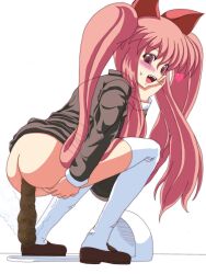 ass blush bottomless brown_eyes clothing grim_aloe kichi_kawayata long_hair open_mouth pink_hair quiz_magic_academy scat shit shitting socks squat_toilet toilet twintails very_long_hair