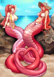 2girls areola areolae areolae_peeking artist_name athletic_female beach belly_button big_breasts bikini breasts collaboration draconcopode duo female female_only hair hair_ornament hair_tie hat hhhori lamia large_breasts long_hair midriff miia_(monster_musume) monster_girl monster_musume_no_iru_nichijou multiple_girls muscular_female navel nipple_bulge nipple_peek open_mouth plasmidhentai red_hair red_scales sling_bikini watermark