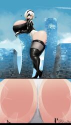 1girls ass big_ass big_breasts blindfold breasts breasts_bigger_than_head building_destruction city city_destruction clothing destruction female giantess hairband huge_ass huge_breasts hyper hyper_breasts katsu_mega katsumega light-skinned_female light_skin macro nier nier:_automata thick_thighs thighhighs white_hair yorha_2b