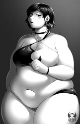 1girls 2021 bbw belly big_belly big_breasts breasts choker chubby chubby_female cleavage earrings female female_focus lazorchef looking_at_viewer monochrome overweight overweight_female plump short_hair solo solo_female solo_focus thick_thighs thighs tummy watermark