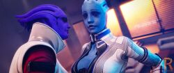 3d aria_t'loak asari asari_futanari blue_eyes blue_skin cheating cheating_girlfriend cheating_wife cleavage comic_page dominant futanari image_set liara_t'soni mass_effect purple_skin realium3d