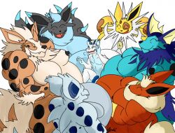 2017 anthro anthrofied arcanine blue_scales charizard claws closed_eyes eevee eeveelution flareon furry jolteon mega_charizard_x muscular muscular_female necklace nelsonnoir nidorina nintendo open_mouth original_character penis pokemon pokemon_(species) pokemon_rgby pokemon_xy vaporeon