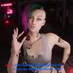 1girls 3d cd_projekt_red cyberpunk_2077 dialogue english_text female female_only hispanic judy_alvarez lesbian pinching_gesture ponkosfm pov sfm small_penis_humiliation solo