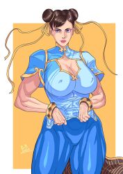 1girls big_breasts blue_eyes breasts brown_hair busty chinese_clothes chun-li chun-li_(street_fighter_6) cleavage cleavage_cutout erect_nipples erexpron female female_focus female_only hourglass_figure light_skin long_hair makeup nipple_bulge solo standing street_fighter street_fighter_6 tagme wide_hips yoga_pants