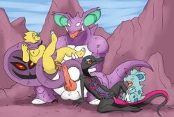 2017 2boys 2d 3girls alphys anthro arbok balls blue_eyes breasts claws crossover cum cum_inside eastern_and_western_character erect_nipples fingering glasses heart humanoid large_breasts large_penis licking_lips nelsonnoir nidoking nidorina nintendo nipples open_mouth pokemon pokemon_(species) pokemon_rgby pokemon_sm purple_scales pussy salazzle scale sex sharp_teeth snake tail undertale undertale_(series)