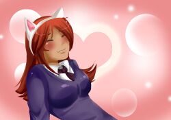 1girls animal_ears blush cat_ears clothed clothing dark-skinned_female dark_skin fake_animal_ears female female_only fully_clothed game_cg heart human implied_fellatio implied_oral implied_sex nekomimi orange_hair orgasm orgasm_face plum_tea saintxtail school_uniform schoolgirl solo suzu_(plum_tea)