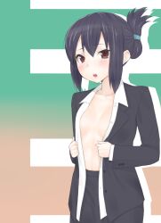 1girls blouse breasts business_suit cleavage collared_blouse collared_shirt colored female female_only hi_res jacket libre long_hair open_clothes open_shirt shirt skirt small_breasts wing_collar