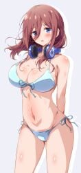 1girls absurdres arms_behind_back bikini blue_bikini blue_eyes blush bondage breasts collarbone eggman_(pixiv28975023) eyebrows_visible_through_hair eyes_visible_through_hair female go-toubun_no_hanayome grey_background hair_between_eyes headphones headphones_around_neck highres large_breasts looking_at_viewer medium_hair nakano_miku navel open_mouth red_hair side-tie_bikini simple_background solo standing stomach swimsuit thighs