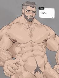 aries03220 balls bara beard blush facial_hair flaccid game_freak gay hairy looking_at_penis looking_down male male_only muscles muscular nintendo npc_trainer nude penis pokemon pokemon_sv professor_turo solo solo_male