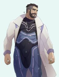 bodysuit bulge clothed jojiart male_only muscles muscular muscular_male open_coat pokemon pokemon_sv professor_turo