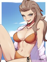 1girls belly_button big_breasts bikini blue_eyes breasts brown_hair brown_skin busty cleavage clothing curvy cute cyberkaku day earrings feathers_in_hair female female_only human innie_belly_button light-skinned_female light_brown_hair light_skin looking_at_viewer midriff navel necklace orange_bikini orouu pokemon pokemon_professor pokemon_sv professor_sada_(pokemon) simple_background sky slender slender_waist smug smug_face solo wet_skin