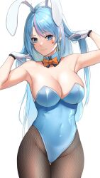 1girls armpits azura_cecillia blue_eyes blue_hair bowtie bunny_ears bunny_girl bunnysuit dobure18 female female_only fishnets gloves large_breasts light-skinned_female light_skin long_hair nijisanji nijisanji_indonesia solo virtual_youtuber white_gloves