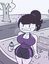 1girls 2020 2020s airpods alternate_hairstyle bench big_breasts blush breath cleavage dolphin_shorts exercise exhausted eyebrows_visible_through_hair fully_clothed jaiden jaiden_animations listening_to_music mob_face outdoors pinup ponytail road shorts side_slit slobbyslapper solo sports_bra sssir sssir8 standing sweating thick_thighs tomboy tree two_tone_bottomwear two_tone_bottomwear_(blackandpurple) voluptuous water_bottle working_out workout_clothes yoga_pants youtube