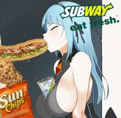 1girls big_breasts blue_hair censored female food food_censorship light_blue_hair subway subway_(franchise) subway_eat_fresh_(meme) tagme