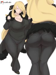 1girls alternate_breast_size ass big_ass big_breasts blonde_hair breasts busty chubby cleavage clothing cynthia_(pokemon) dat_ass fat_ass female female_only half-closed_eyes huge_ass huge_breasts jacket lewddoodler long_hair looking_at_viewer milf pants plump pokemon shirt simple_background slightly_chubby solo thick_thighs wide_hips