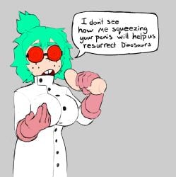 big_breasts buckteeth freckles glasses gloves green_hair hair_bun handjob labcoat messy_hair mosa rawhell red_glasses scientist short_hair squeezing_penis talking