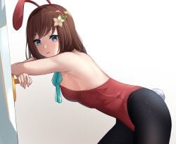 armpits blue_eyes brown_hair bunny_ears bunny_girl bunny_tail bunnysuit dobure18 fishnets hana_macchia nijisanji nijisanji_indonesia sideboob tongue_out virtual_youtuber