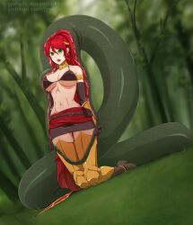 1girls abs arm_gloves armlet armor athletic athletic_female bangs bra bracer circlet clothing defeated female_only fit fit_female gloves gorget greaves green_eyes high_heels high_ponytail jyuichi large_breasts long_hair on_knees ponytail pussy pyrrha_nikos red_hair red_sash rwby sash shaved_pussy shiny_hair shiny_skin sidelocks skirt snake spear tagme the_jungle_book vore weapon x-ray