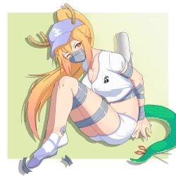 arms_tied_behind_back asphyxiation baseball_bat baseball_cap blonde_hair bondage bound bound_legs dragon_tail female female_only femsub fully_clothed gag gagged horns looking_at_viewer miss_kobayashi's_dragon_maid one_eye_closed orange_eyes over_the_nose_gag tape tape_gag tiedtiki tohru_(dragon_maid)