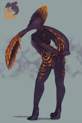 2019 4_fingers ammylin anthro anus arm_feathers arms_tied ass barely_visible_breasts blue_eyes blush bondage bondage bound breasts claws crotch_rope digitigrade dinosaur dromaeosaurid feathers female finger_claws fingers genitals grey_background hands_behind_back hands_behind_tail head_feathers hi_res inviting leaning leaning_forward markings orange_body orange_claws orange_feathers orange_markings orange_sclera pawpads pink_rope presenting presenting_anus presenting_hindquarters presenting_pussy purple_body purple_feathers purple_pawpads pussy raised_tail raptor_claws reptile restraints rope rope_bondage rope_harness scalie simple_background solo standing tail_feathers theropod toe_claws