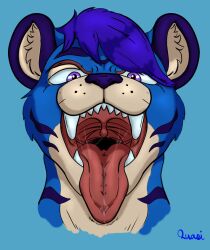 anthro blue_body blue_fur bodily_fluids canine_teeth fangs felid fur imminent_vore male male_only mammal mouth_shot open_mouth pantherine purple_eyes quasi_(warlus) saliva saliva_string solo tiger tongue tongue_out warlus